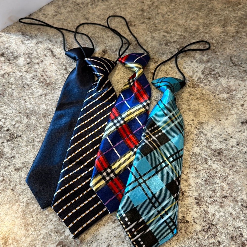 unisex ties set of 4. Attached elastic cord goes under the collar 10”